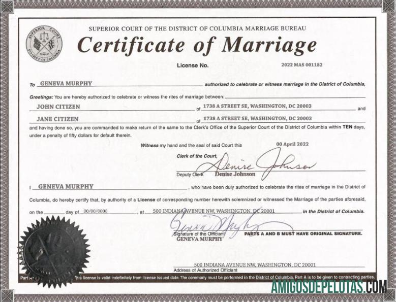 Em branco modelo de certidão de casamento nos EUA, Washington, distrito de Columbia, em formato PSD